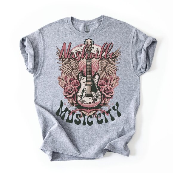 Nashville Music City T-Shirt Women's Rose Guitar Wings Country Music Concert Tee - Picture 1 of 3